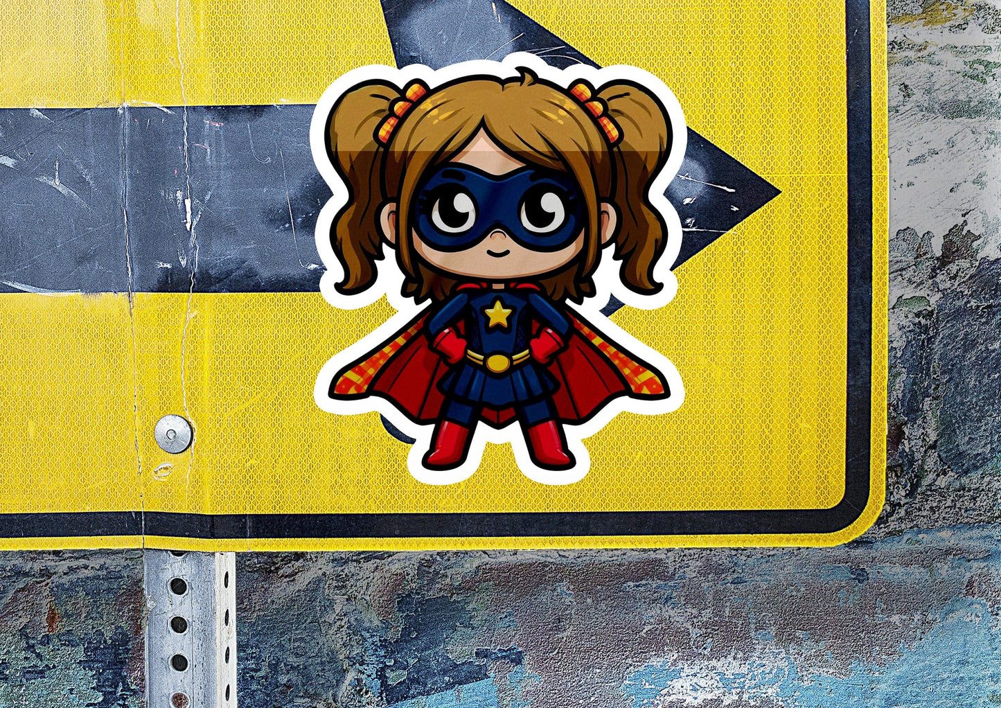 a sticker of a little girl dressed as a supergirl