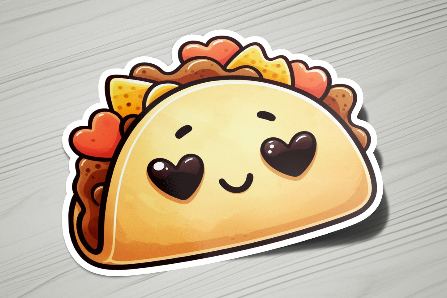 a sticker of a taco with hearts on it
