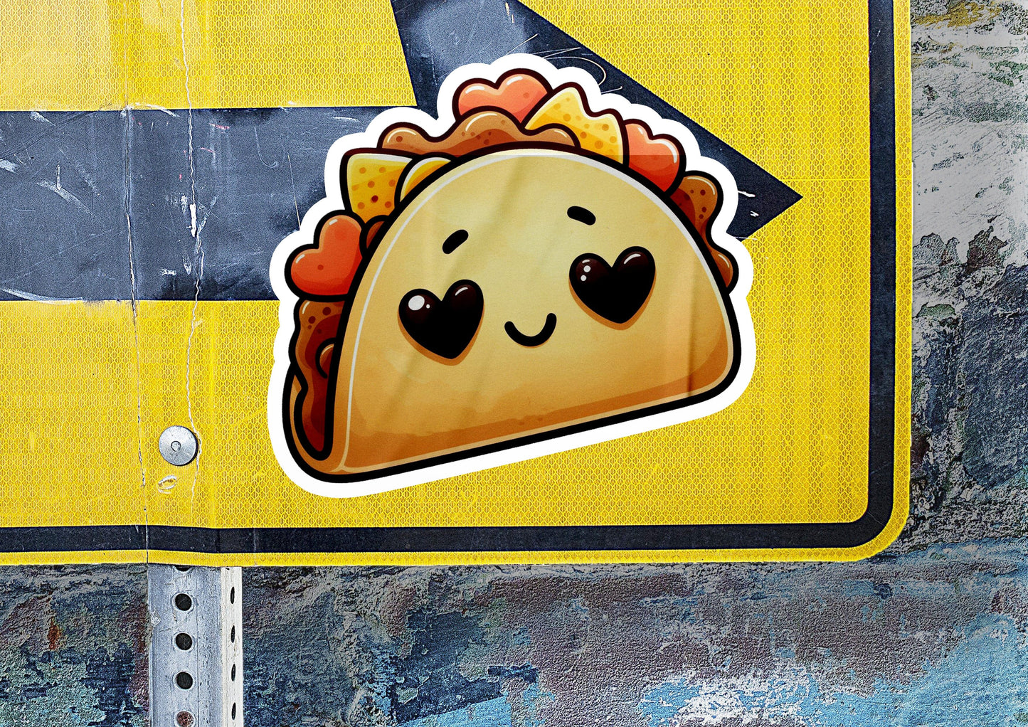 a close up of a street sign with a taco on it