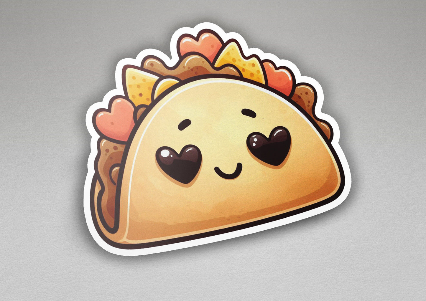 a sticker of a taco with hearts on it