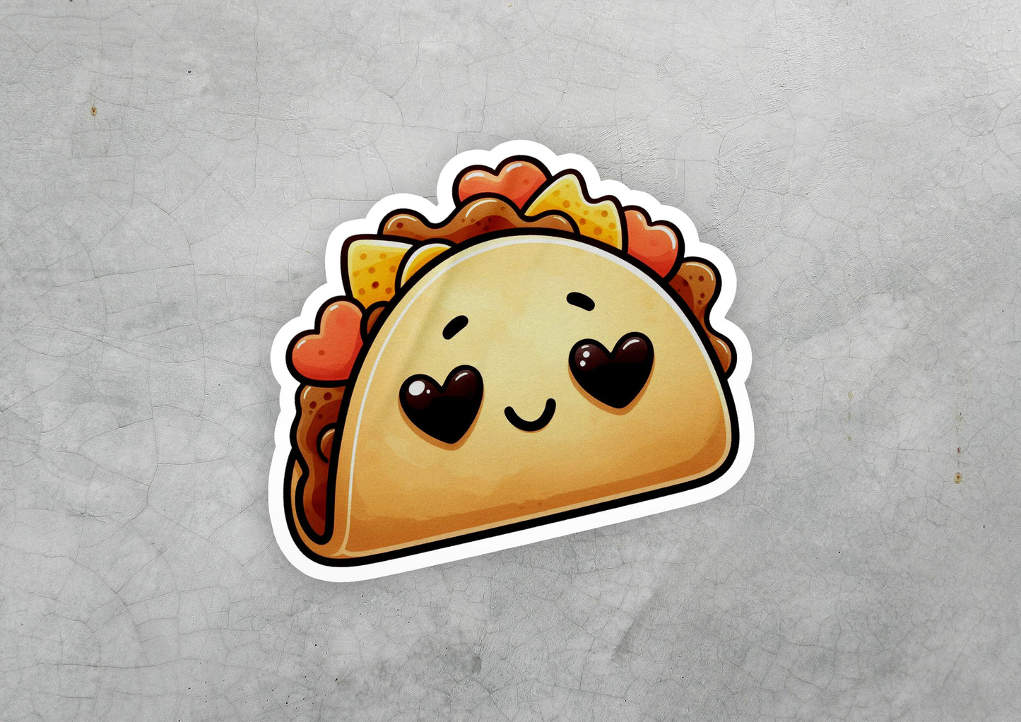 a sticker of a taco with hearts on it