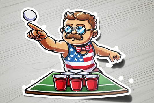 a sticker of a man juggling red cups