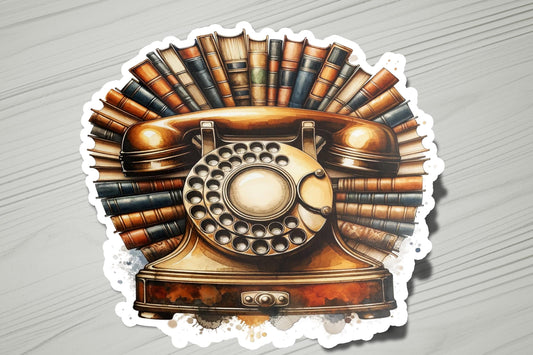 a sticker of a phone with books on it