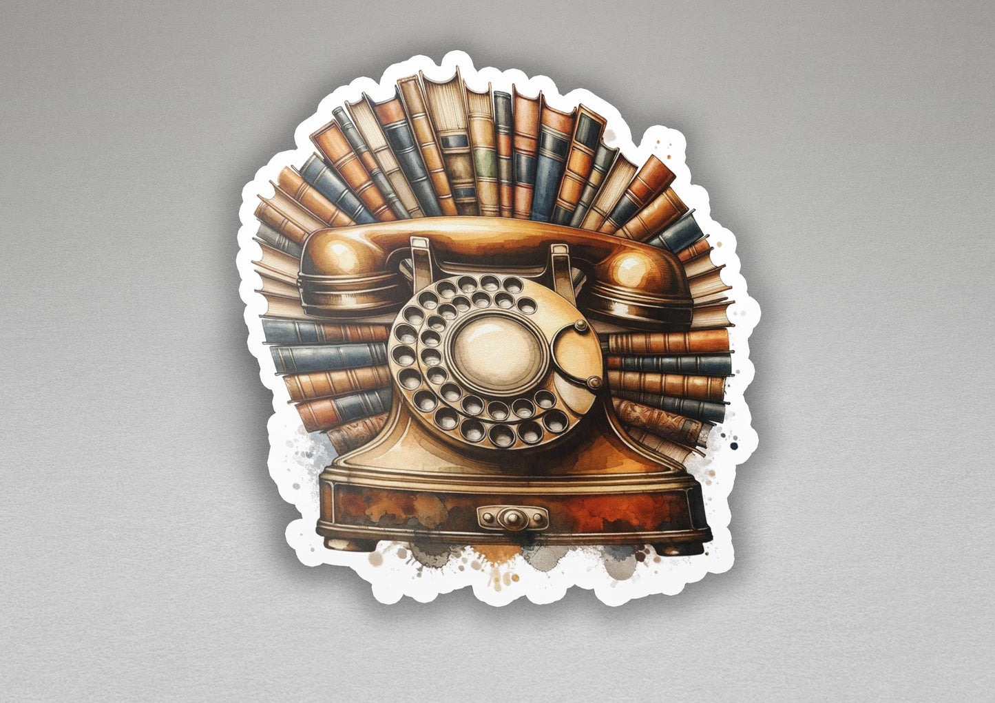 a sticker of a phone with books on it
