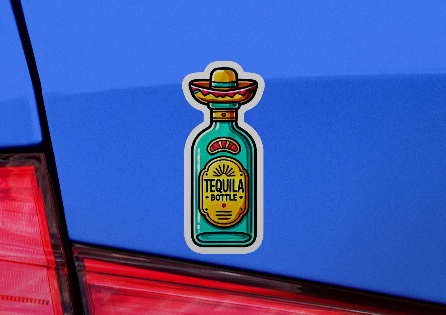 a sticker of a tequila bottle on the back of a car