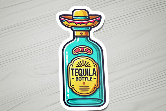 a sticker of a tequila bottle with a sombrero on top