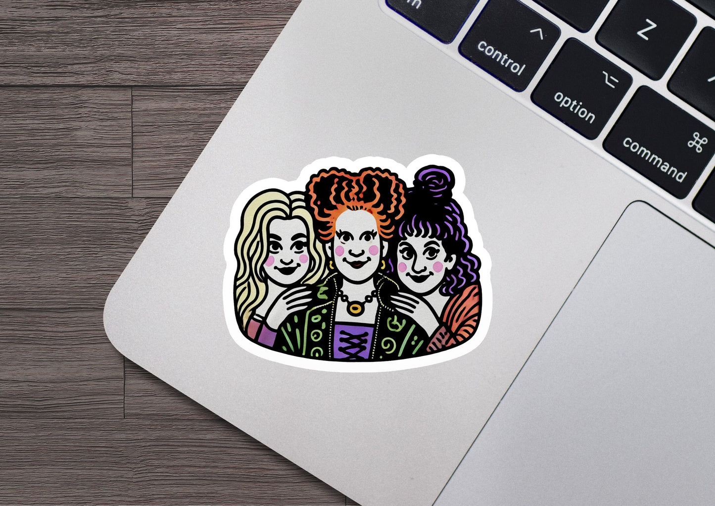 a laptop with a sticker of two women on it
