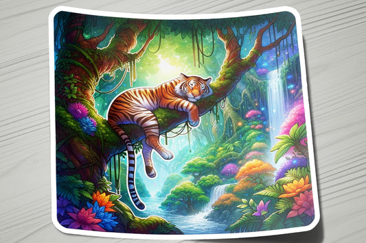 a picture of a tiger sleeping on a tree