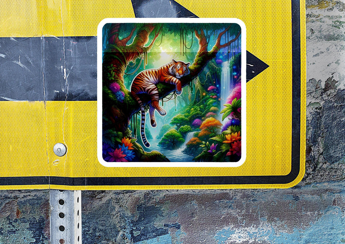 a street sign with a picture of a tiger on it