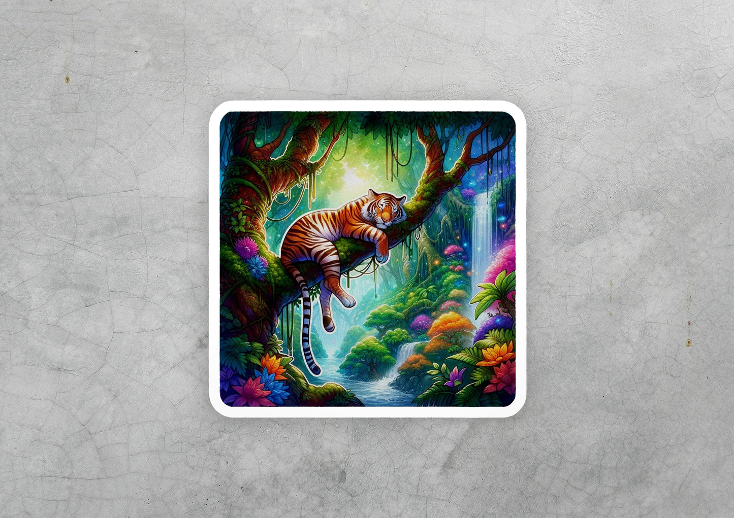 a sticker of a tiger sleeping on a tree