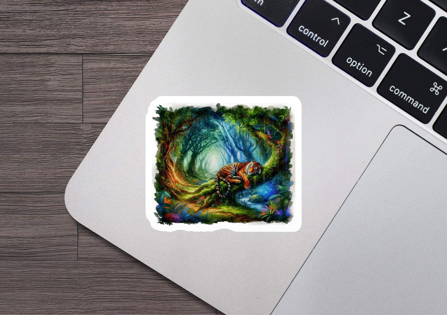 a laptop with a sticker of a forest scene