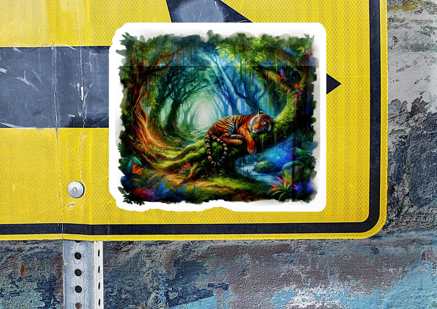 a yellow sign with a picture of a tiger on it