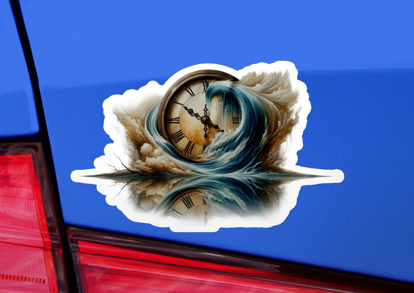 a blue car with a clock on the back of it