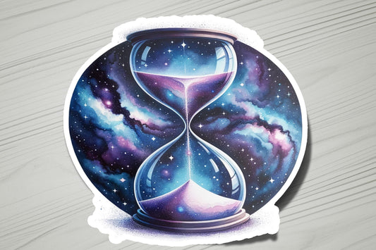 a sticker with a picture of an hourglass