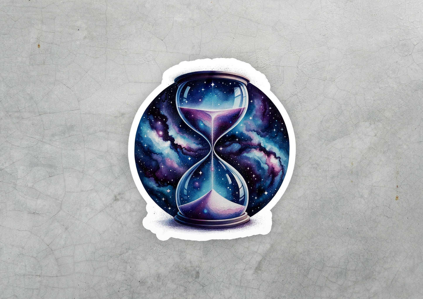 a sticker of an hourglass with a galaxy background