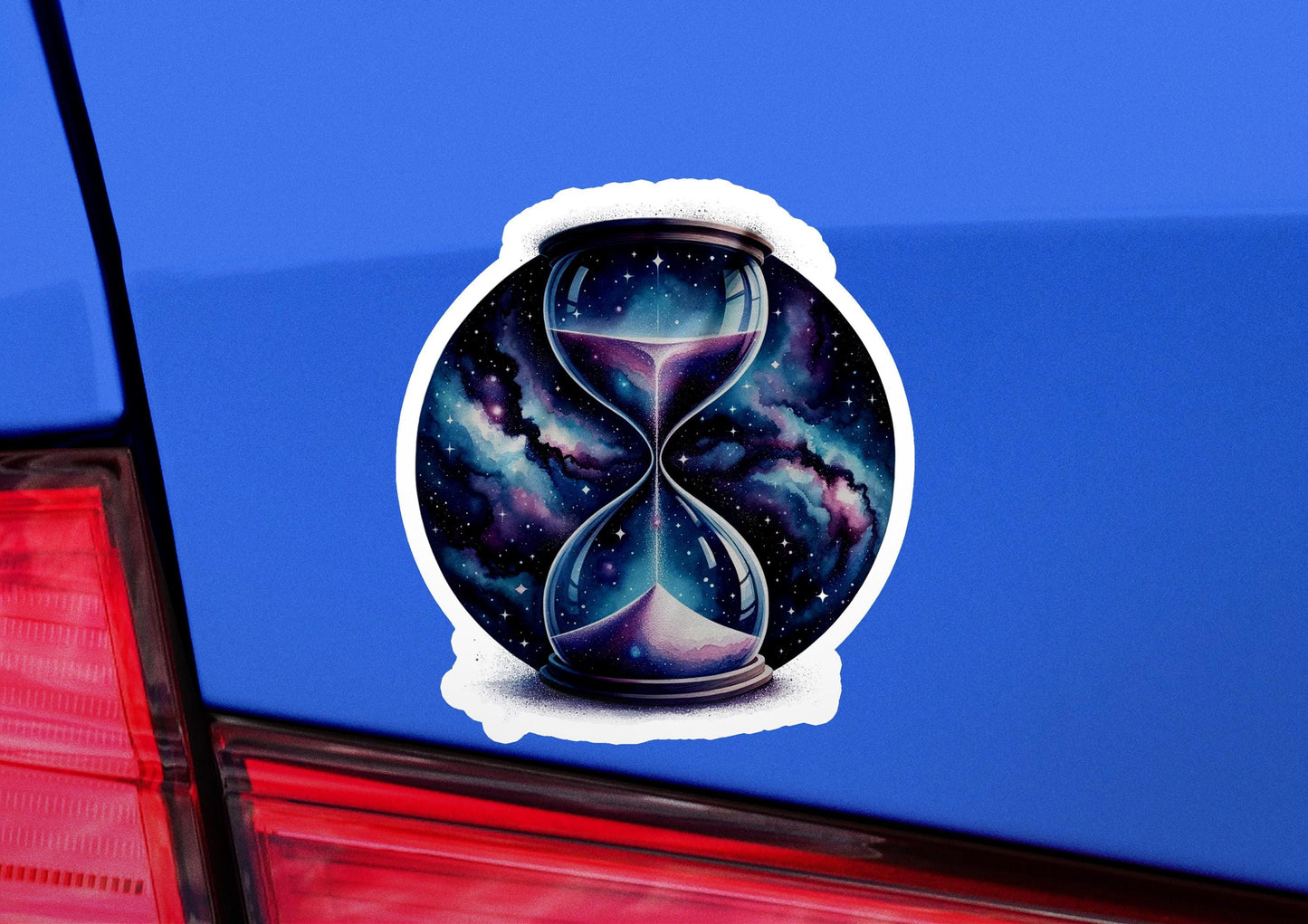 a sticker of an hourglass with stars in the background