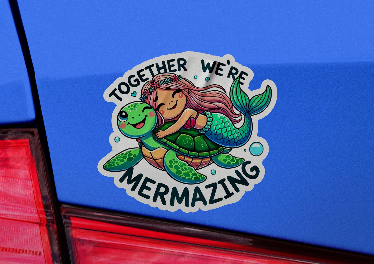 a sticker on the back of a car that says together we're mermaid