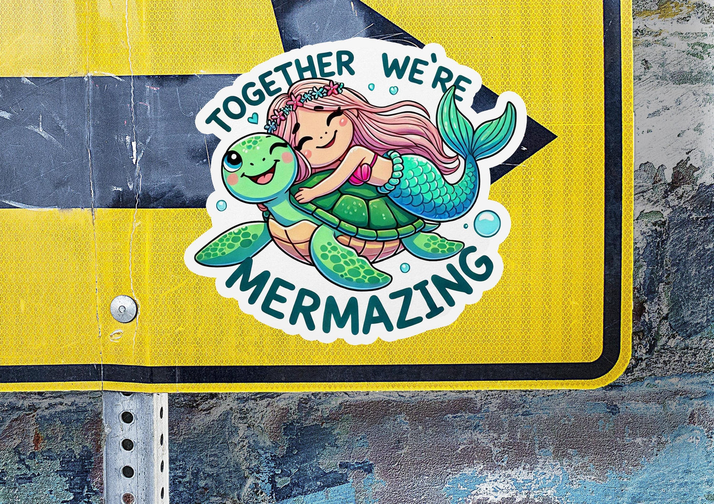 a sticker of a mermaid holding a turtle