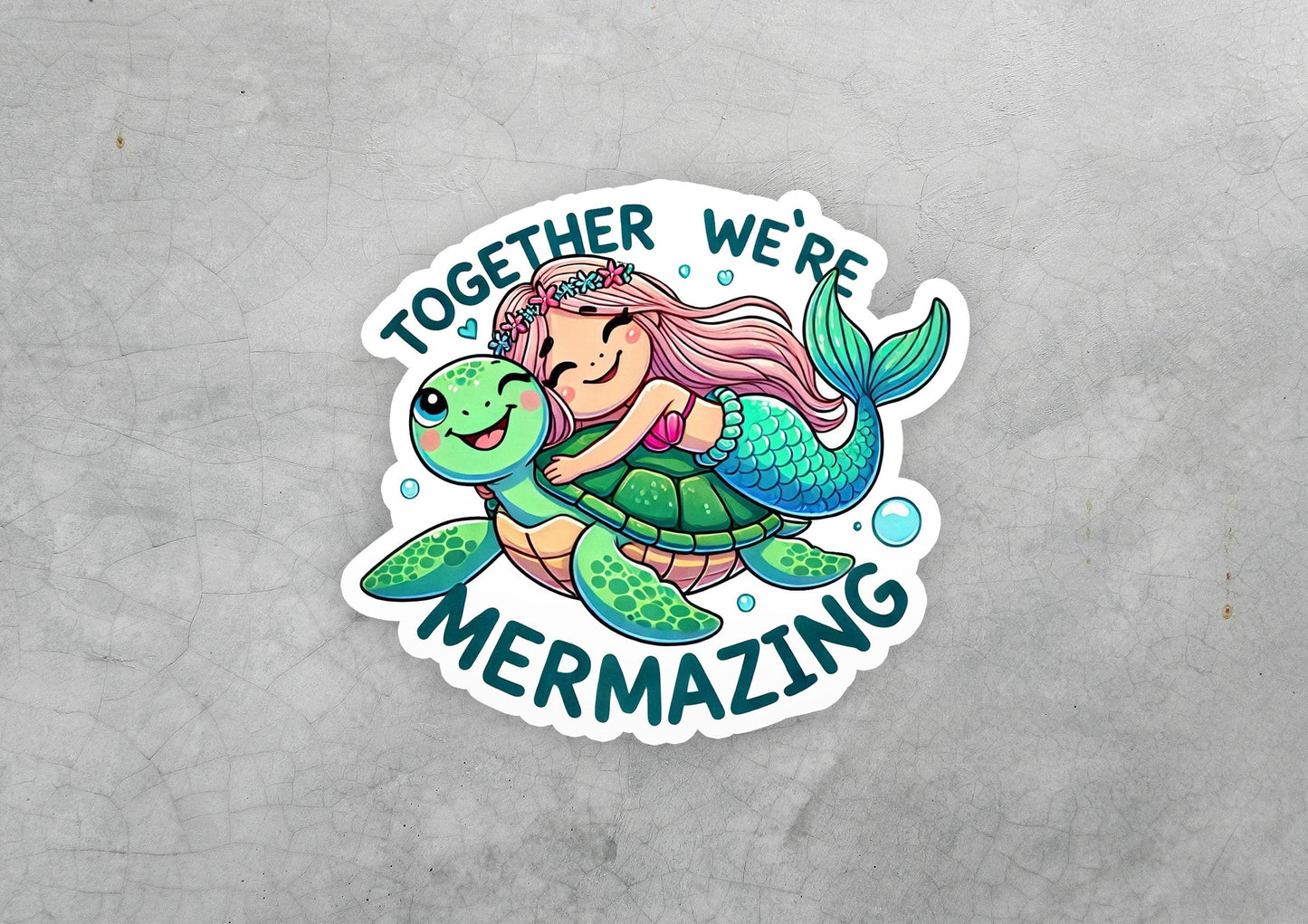 a sticker of a mermaid hugging a turtle