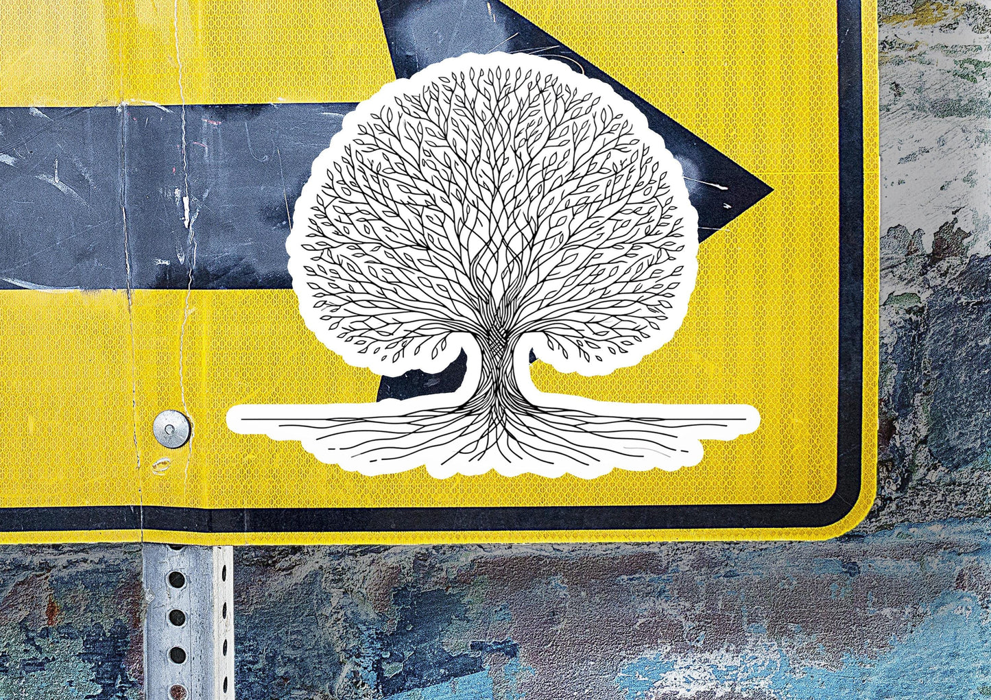 a yellow and black sign with a tree on it