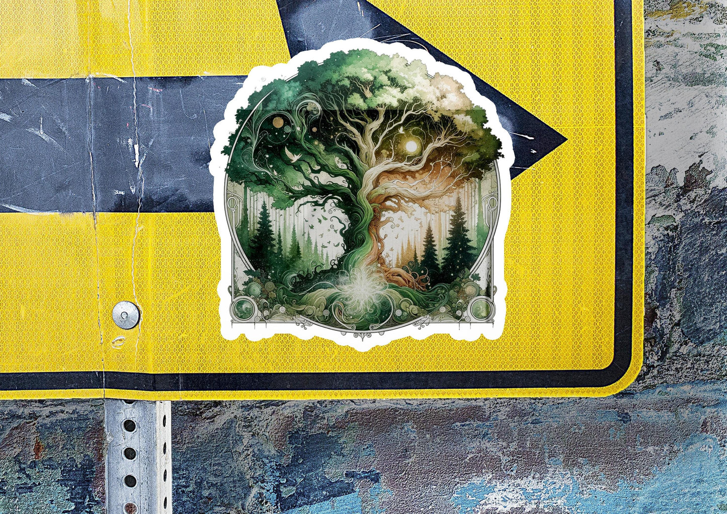 a sticker of a forest scene on a street sign