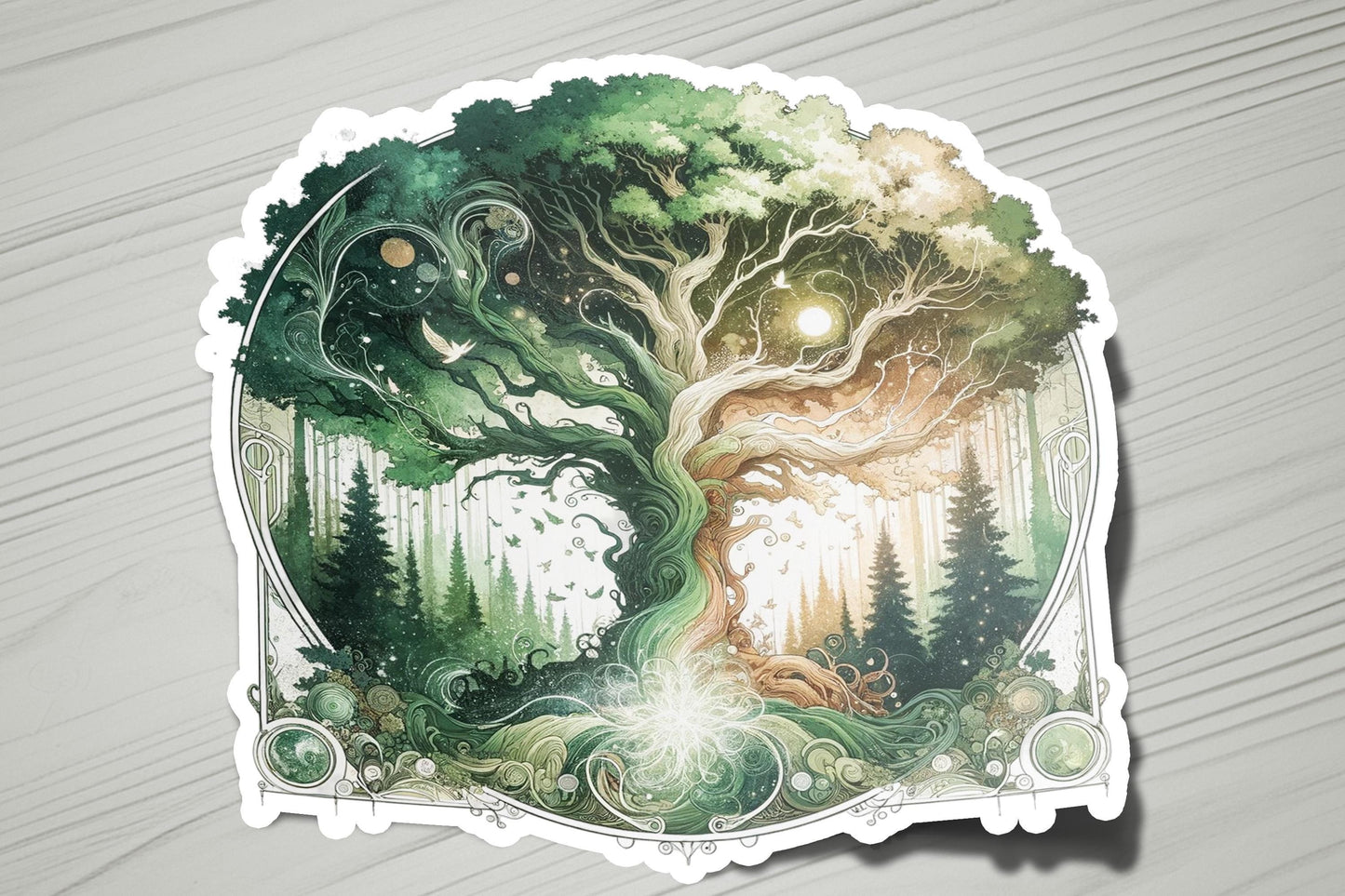 a sticker of a tree with a forest scene