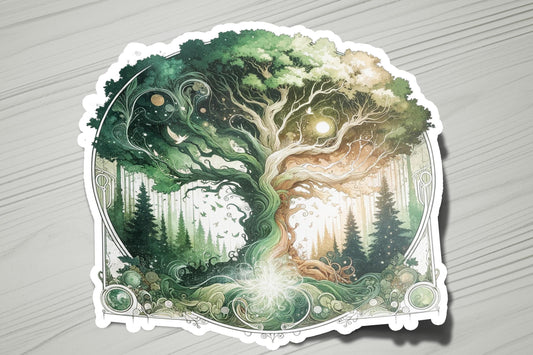 a sticker of a tree with a forest scene