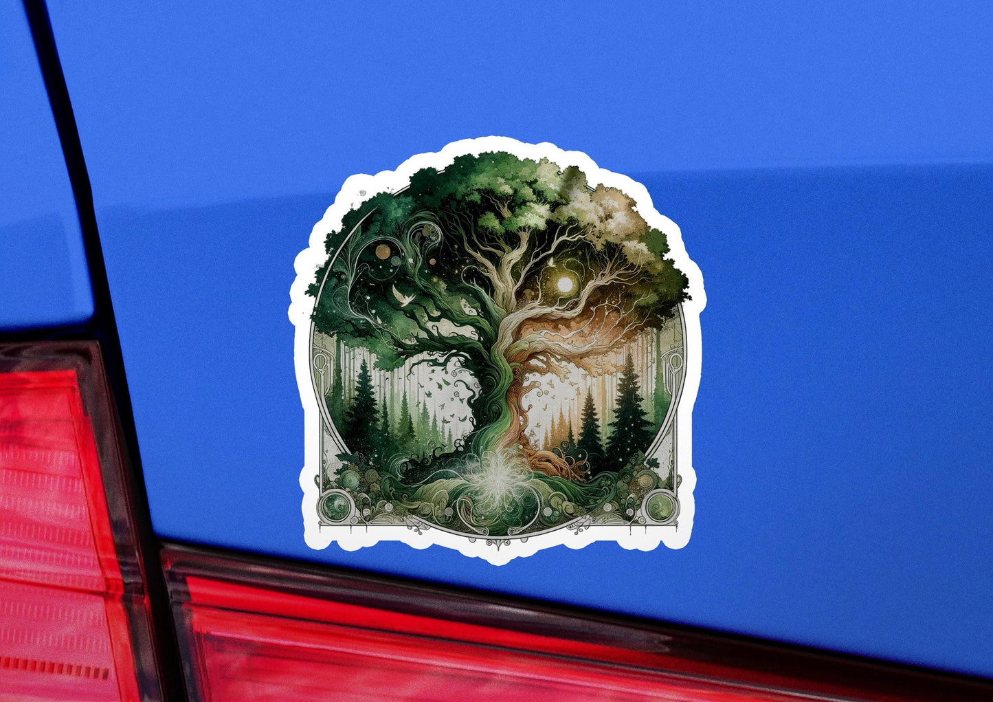 a car with a sticker of a forest scene