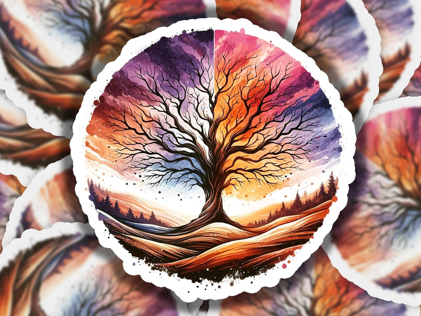 a painting of a tree with a sunset in the background