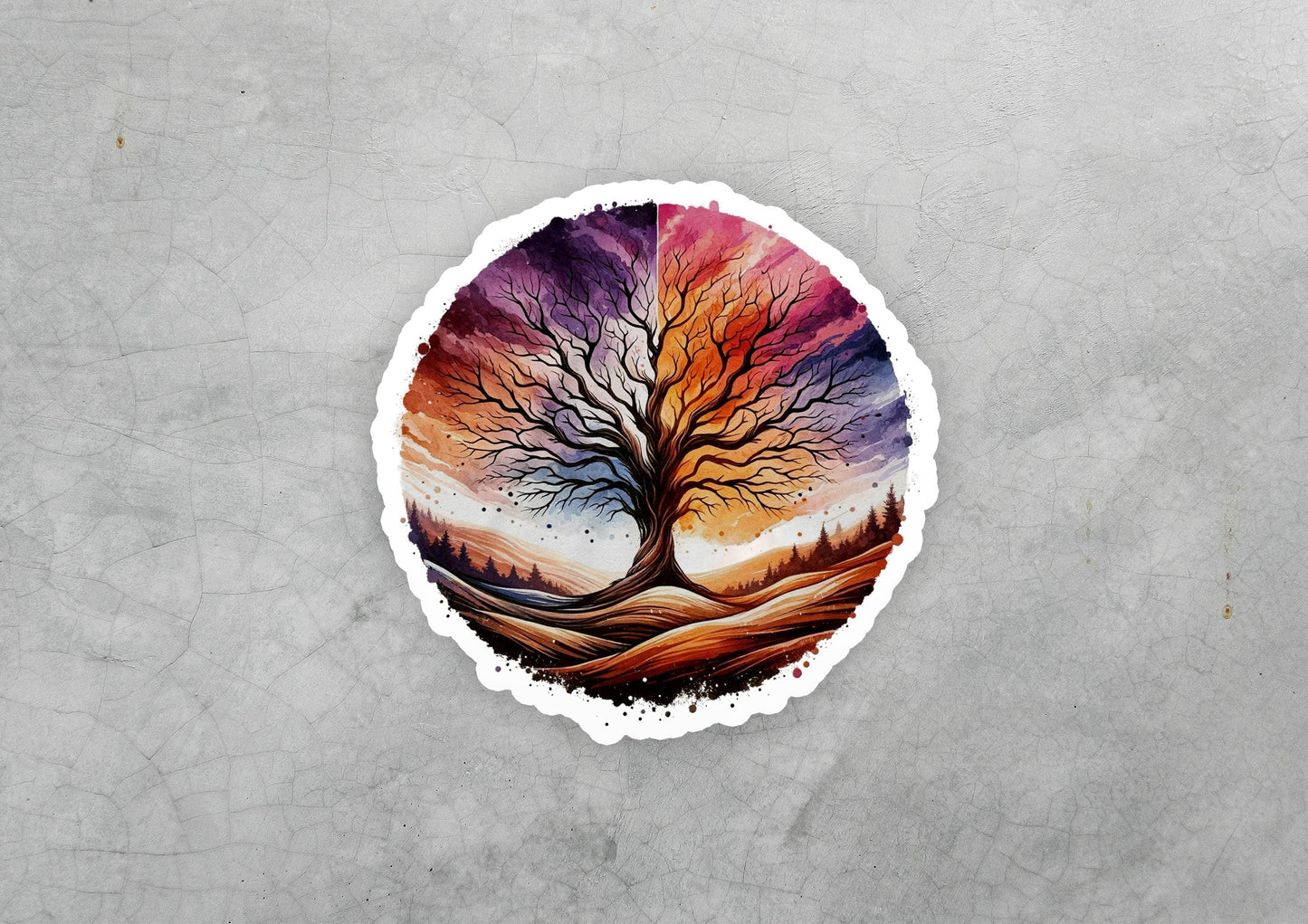a sticker of a tree with a sunset in the background