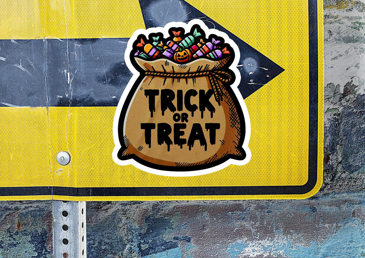 a sticker of a bag of candy on a street sign