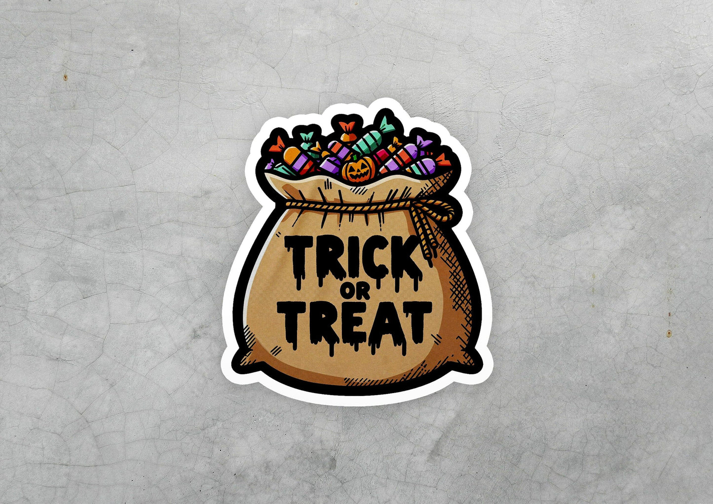 a sticker of a bag with candy in it