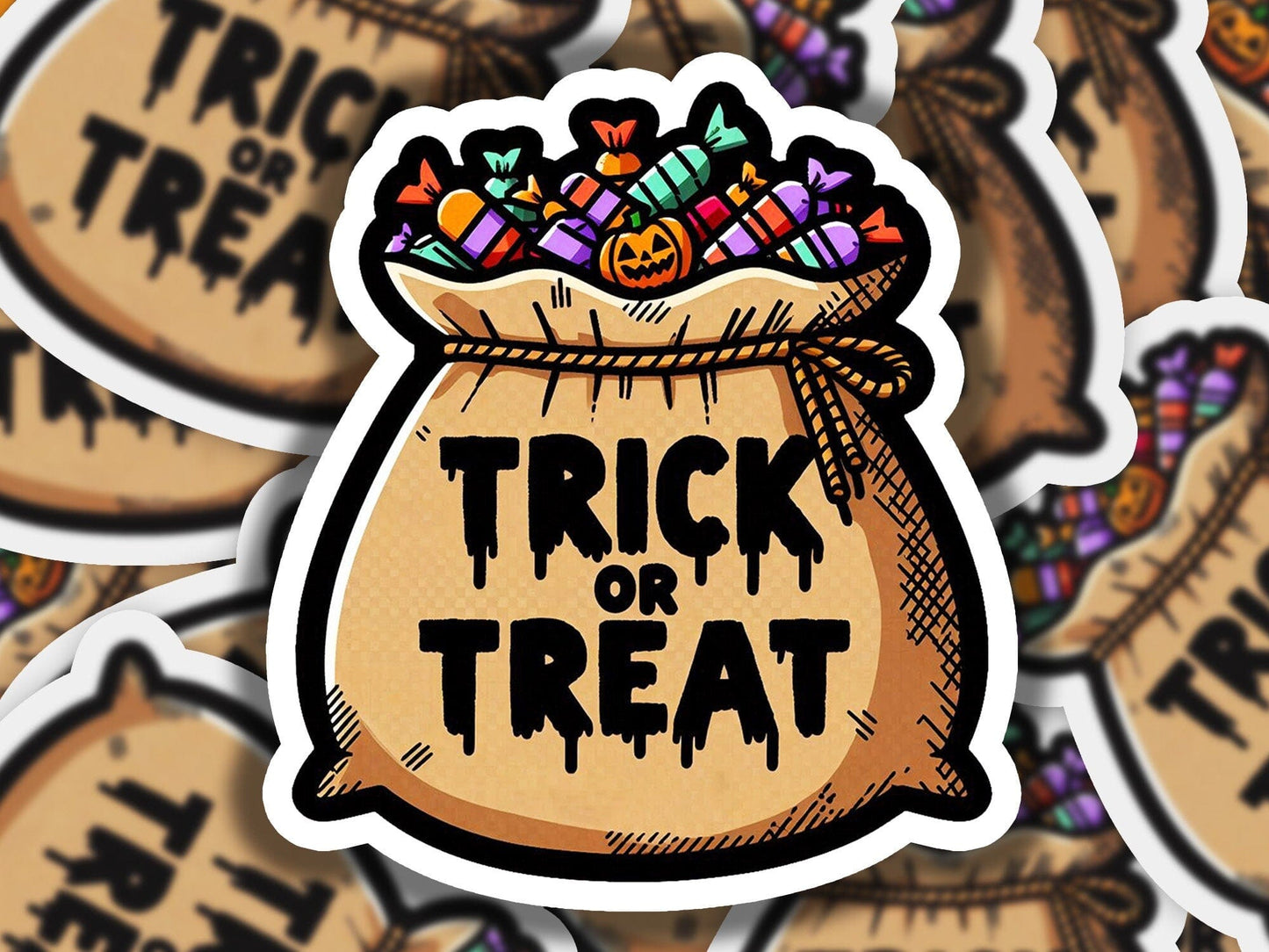 a bag of trick or treat stickers sitting on top of a pile of stick