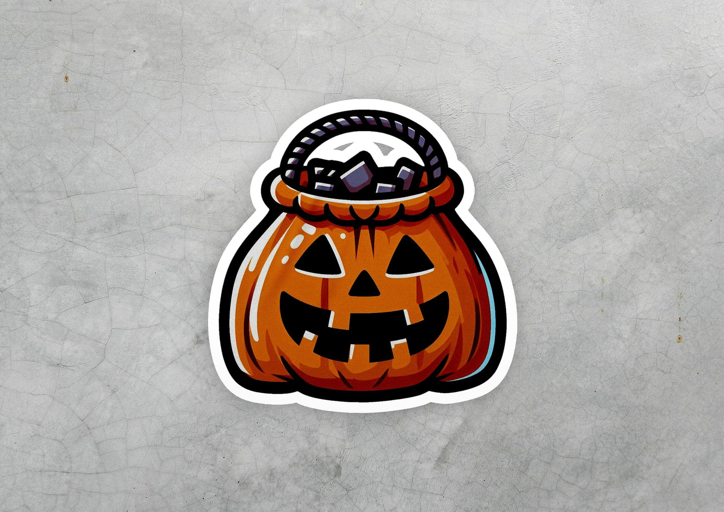a sticker of a jack o lantern bag
