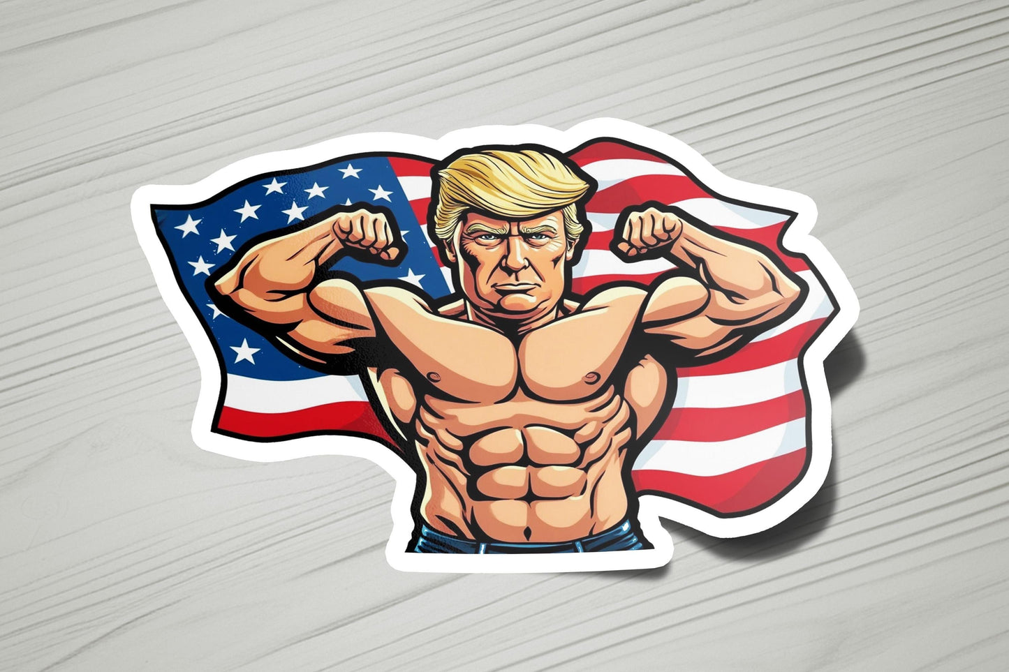 a sticker of donald trump flexing his muscles