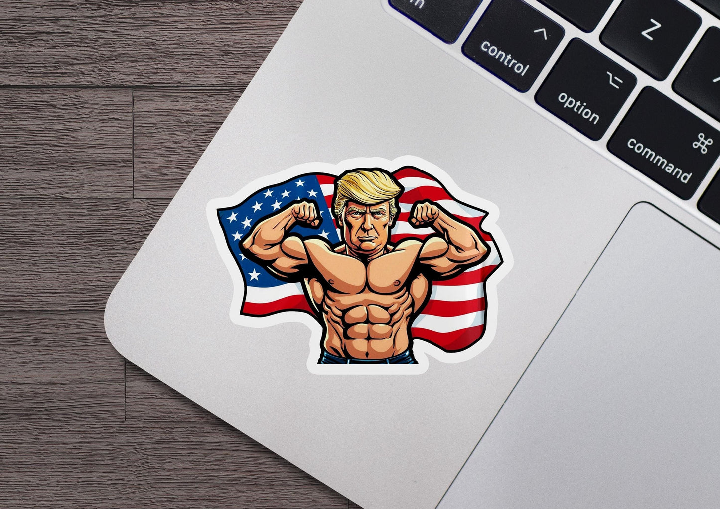 a sticker of a man flexing his muscles with the american flag behind him