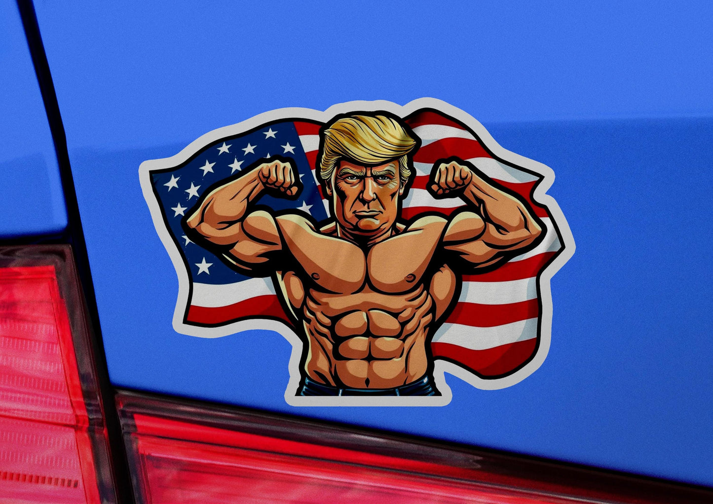 a sticker of a man flexing his muscles in front of an american flag