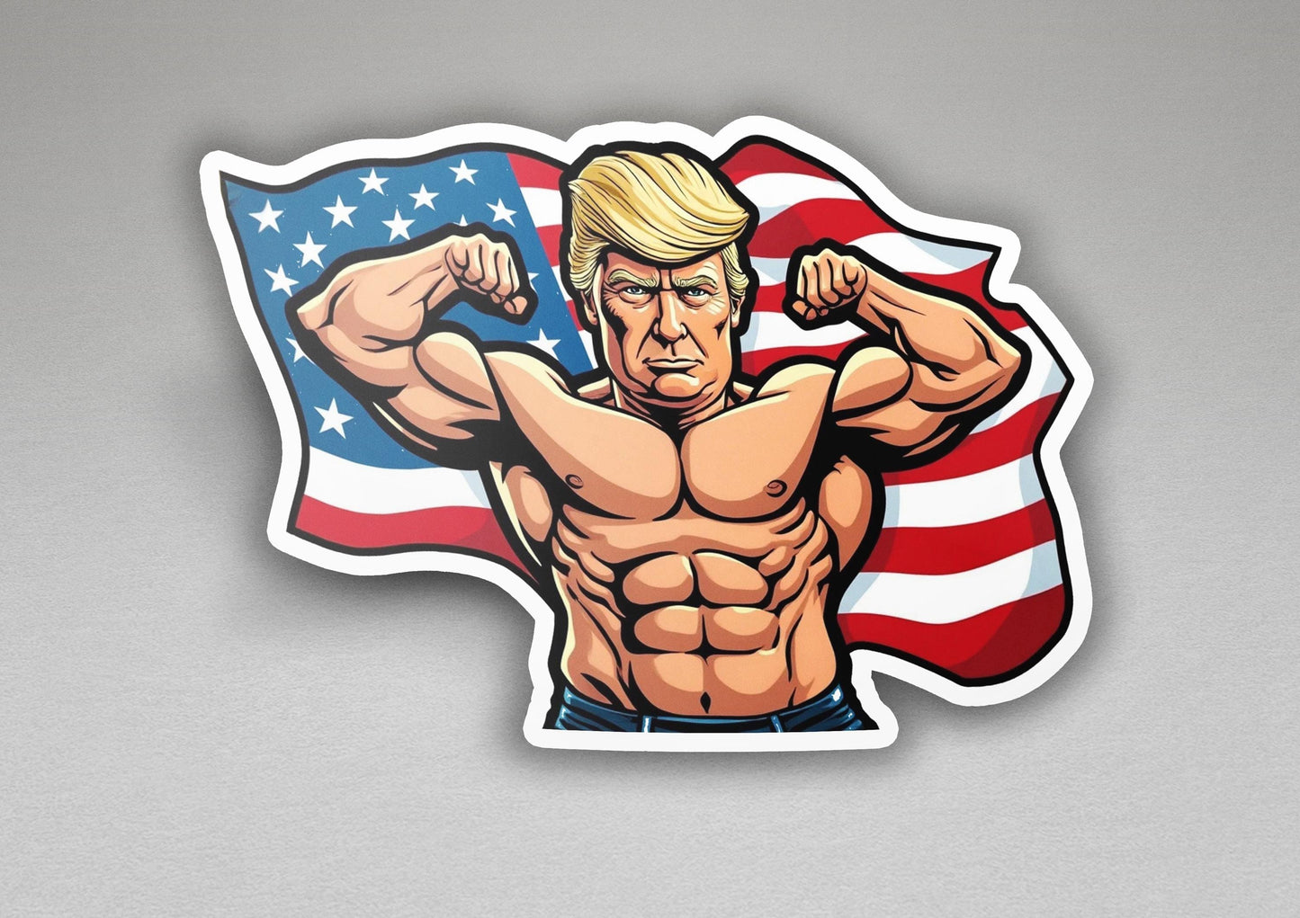 a sticker of a man flexing his muscles in front of an american flag
