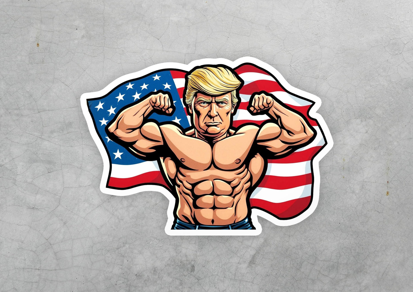 a sticker of a man flexing his muscles in front of an american flag