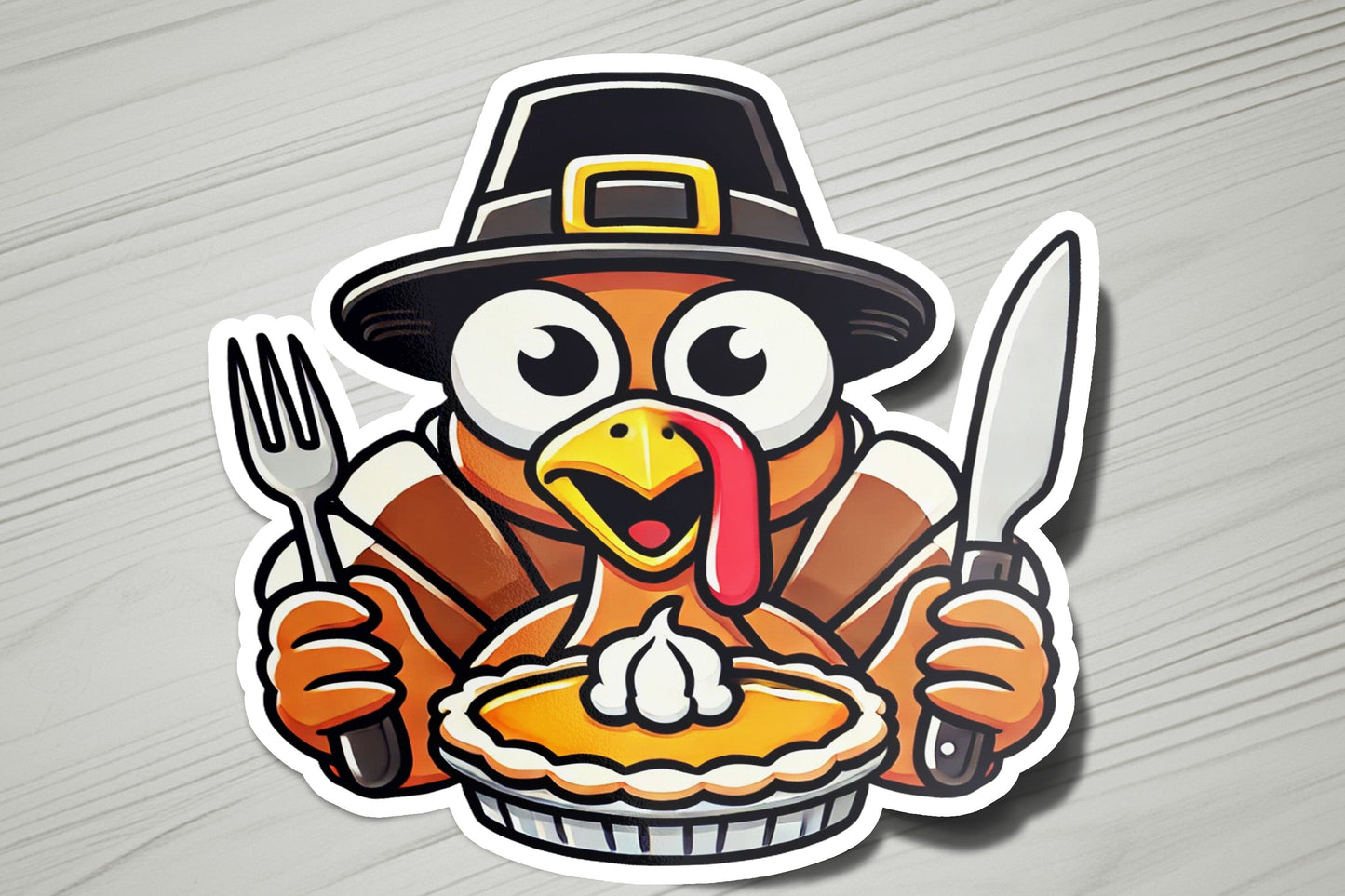 a sticker of a turkey holding a fork and knife