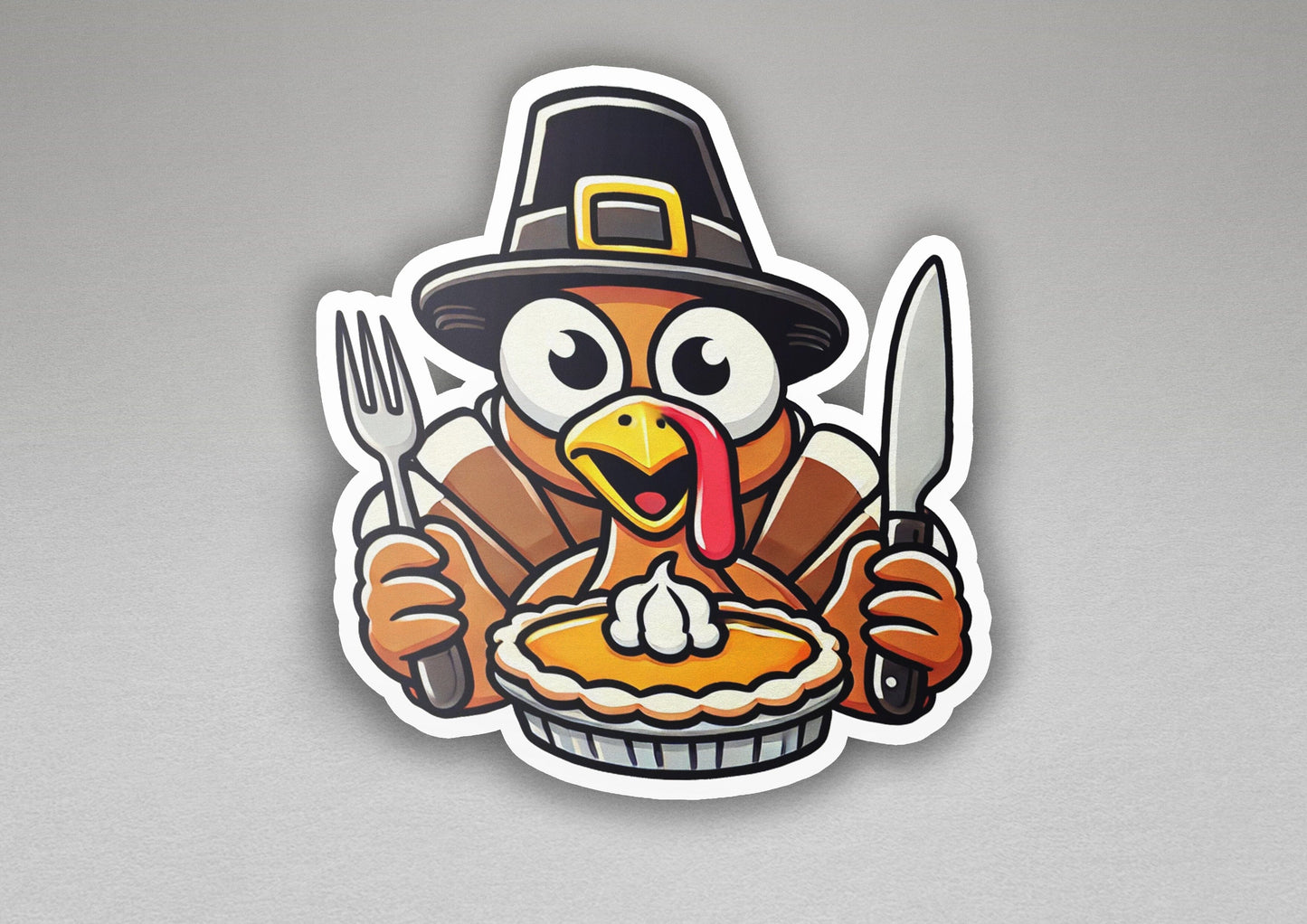 a sticker of a turkey holding a fork and knife