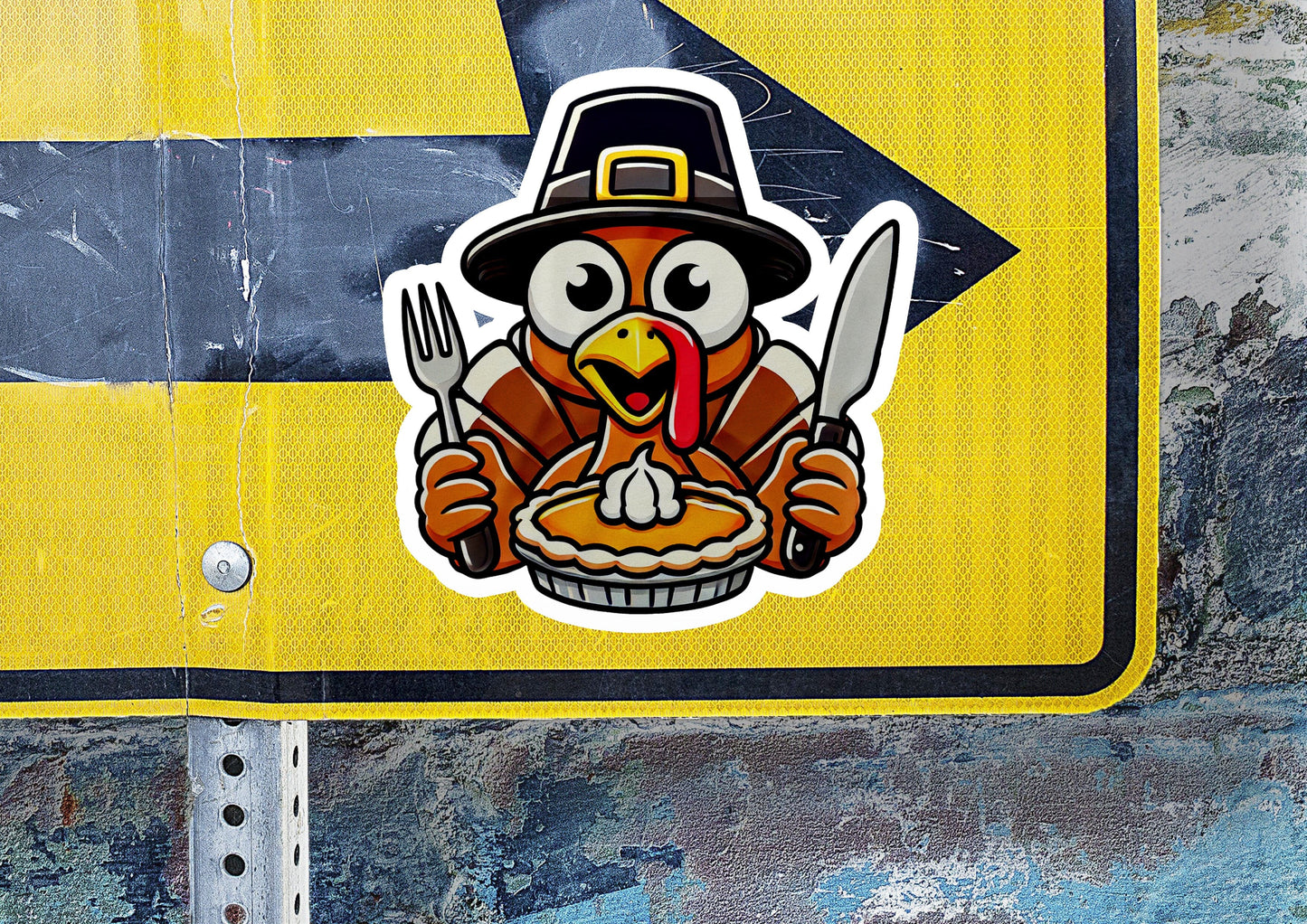 a sticker of a turkey holding a knife and fork
