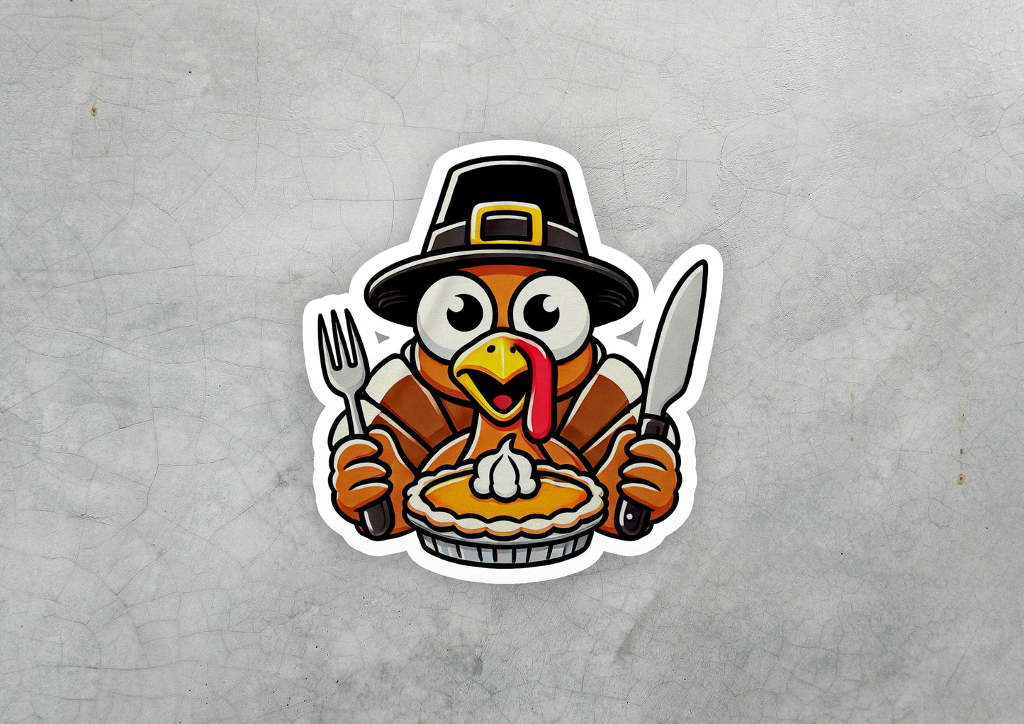 a sticker of a turkey holding a fork and knife