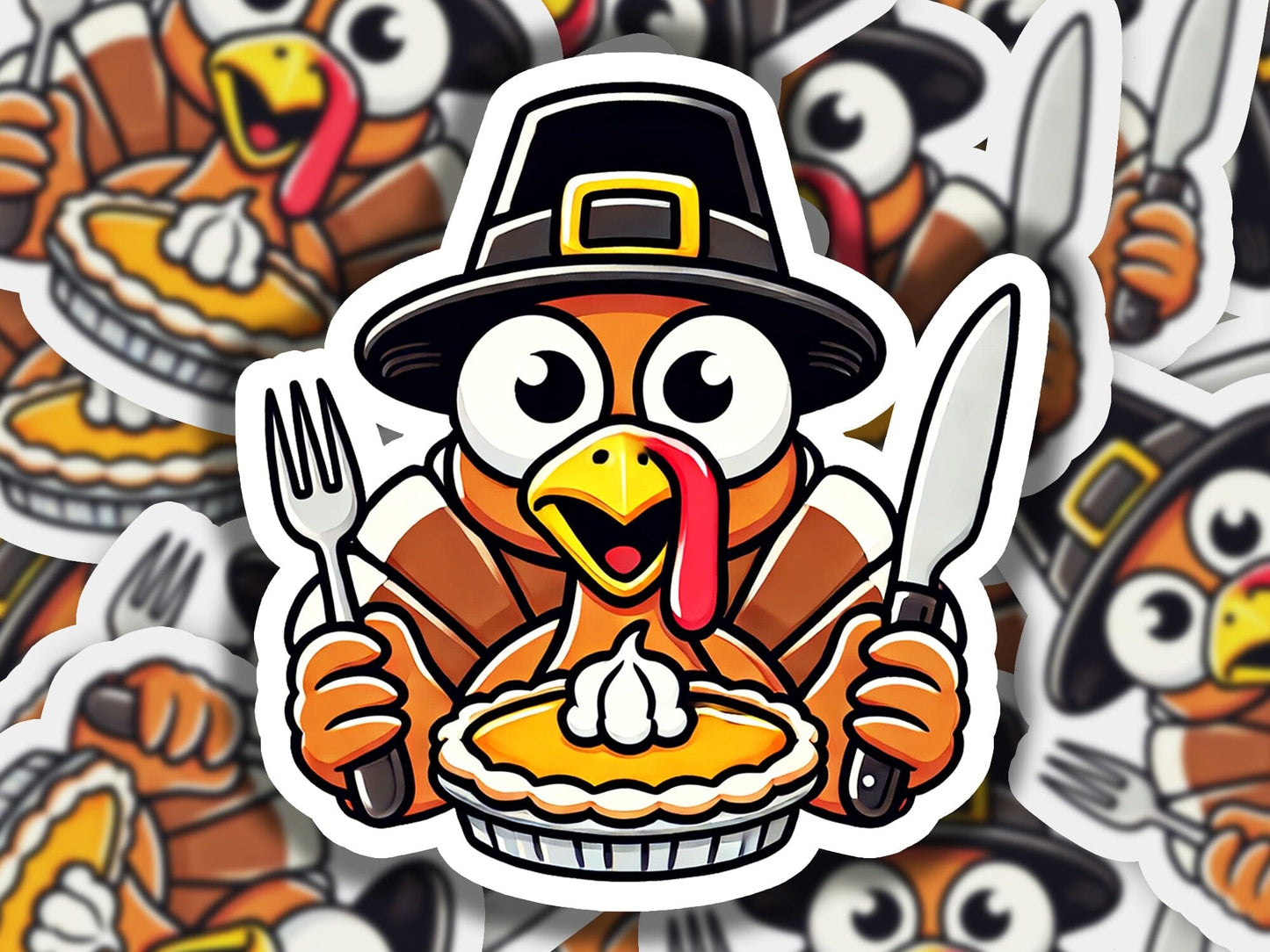 a sticker of a turkey holding a fork and knife