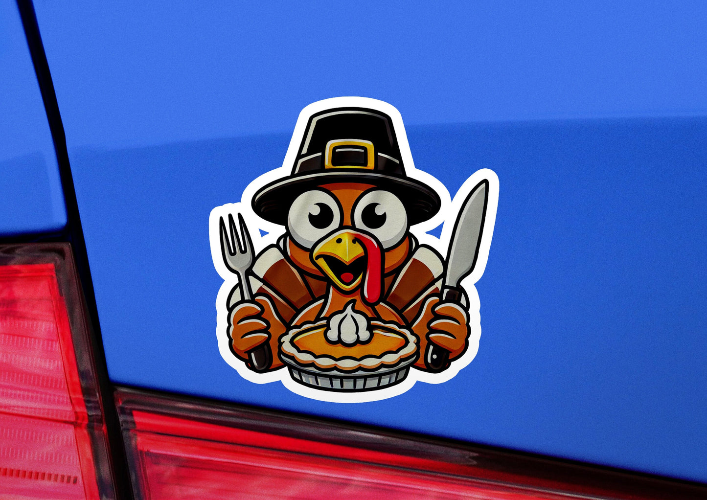 a sticker of a turkey holding a knife and fork