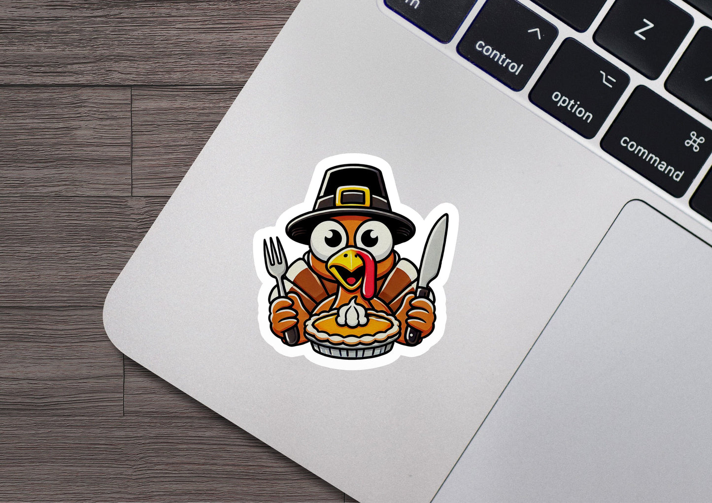 a sticker of a turkey holding a fork and knife