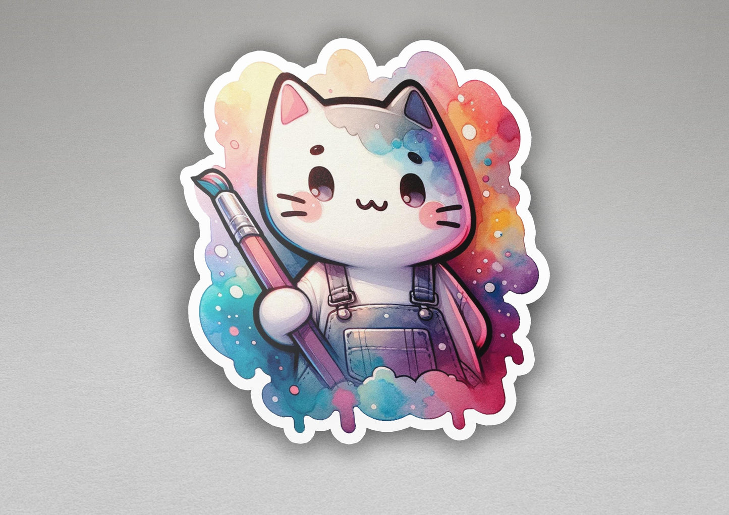 a sticker of a cat holding a pencil