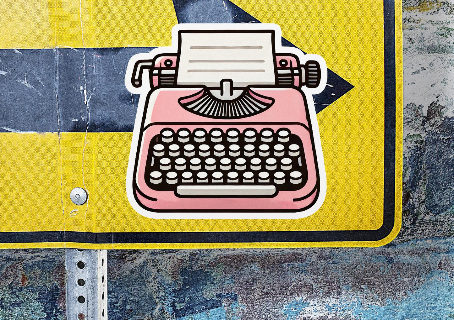 a sticker of a pink typewriter on a yellow background