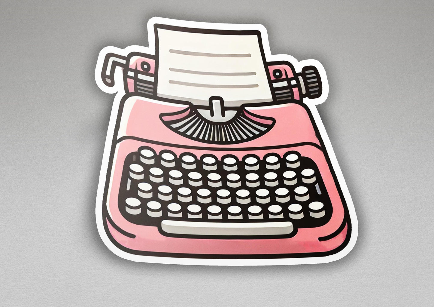 a sticker of a pink typewriter