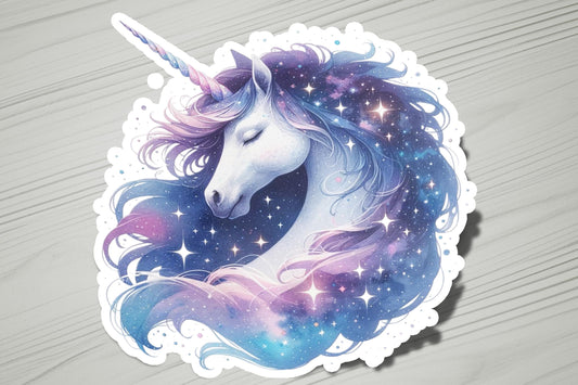 a sticker of a unicorn with stars on it
